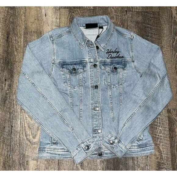 NEW HARLEY DAVIDSON EMBROIDERED WOMEN'S M SILVER WING STRETCH BLACK DENIM JACKET - Picture 2 of 12